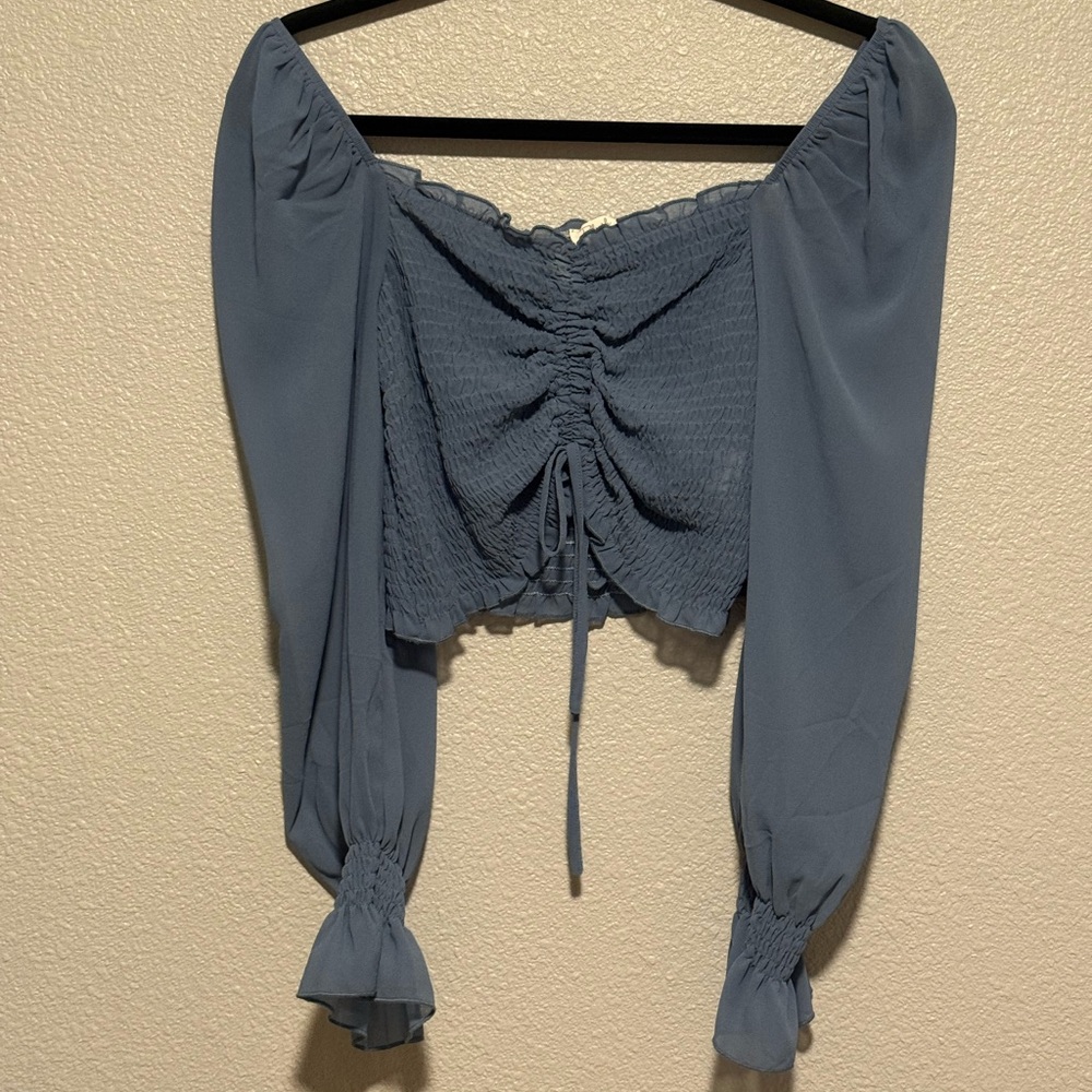 Blush Blue Puff Sleeve Ruched Crop Blouse